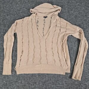 EXPRESS Distressed Hooded Sweater Beige V-Neck Long Sleeve Women's Size M